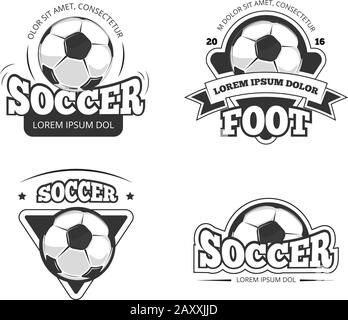 Badge, etichette vettoriali per squadre di calcio. Pallone da calcio, etichetta di calcio, badge ed emblema illustrazione del club di calcio Illustrazione Vettoriale