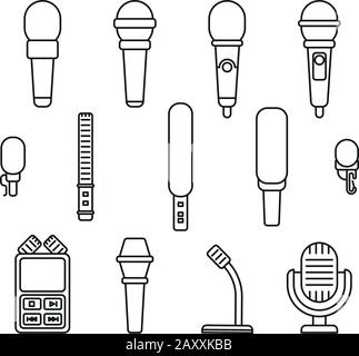 Icone della linea microfonesica. Set di segni vettoriali per la registrazione del microfono e dell'audio Illustrazione Vettoriale