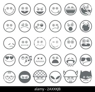 Emoticon smile icone della linea vettoriale. Smiley facce lineari, emotion smiley contorni segni, smiley set di caratteri Illustrazione Vettoriale