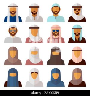 Icone di persone musulmane. Avatar del Medio Oriente impostato in stile piatto vettore Illustrazione Vettoriale