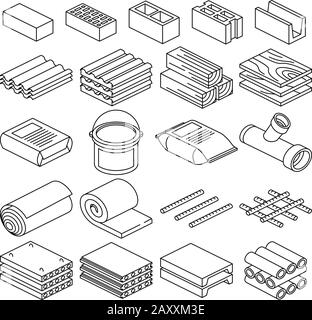 Icone lineari vettoriali per materiali da costruzione e da costruzione. Costruzione materiale di costruzione, materiale di cemento e materiale di mattone illustrazione Illustrazione Vettoriale
