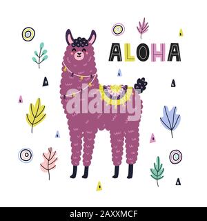 Stampa divertente Aloha con un simpatico lama. Carta con alpaca in stile infantile Illustrazione Vettoriale