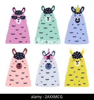 Volti di cute alpaca collezione. Lama disegnata a mano in stile scandinavo Illustrazione Vettoriale