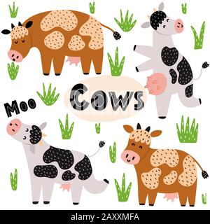Cute mucche set. Collezione di clipart con animali da fattoria divertenti Illustrazione Vettoriale