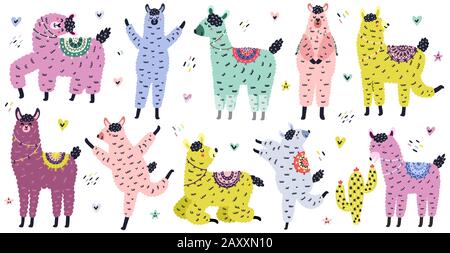 La graziosa collezione di lama in stile scandinavo. Divertente alpaca disegnato a mano set Illustrazione Vettoriale