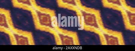 Blotted Space Tinto Glow Diamond Stripe Banner Sfondo. Texture. Effetto Motle Senza Cuciture. Vibrant Diagonal Border Stripe Ikat Textile. Oro Illustrazione Vettoriale