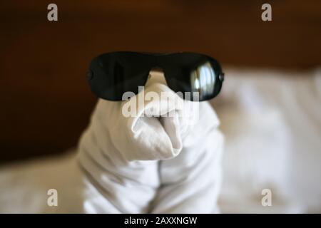 Letto di decorazione swan del set di asciugamani nell'hotel. Swan in occhiali da sole Foto Stock