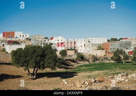 Vista aerea sulla splendida città con case colorate e edifici religiosi con alberi verdi nel nord del Marocco Foto Stock
