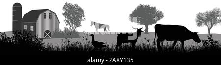 Silhouette di animali da fattoria su bellissimo paesaggio rurale su sfondo bianco, illustrazione vettoriale Illustrazione Vettoriale