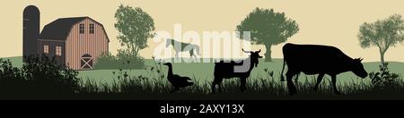 Silhouette di animali da fattoria su bellissimo paesaggio rurale, illustrazione vettoriale Illustrazione Vettoriale