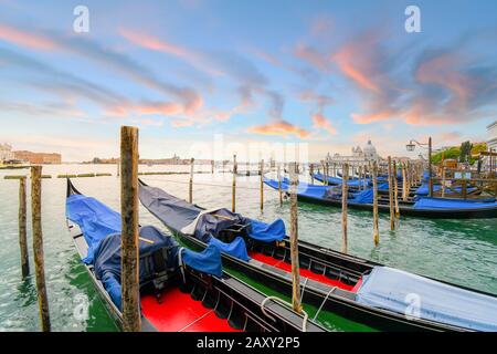 Le gondole si allineano al tramonto lungo la Riva degli Schiavoni nel Canal Grande di Venezia, con la chiesa di Santa Maria della Salute in lontananza Foto Stock