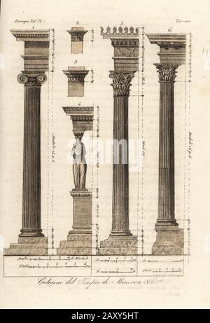 Colonne dal Tempio di Minerva, Atene. Colonna portico dal Tempio di Minerva Polias 1, capitali 2,3, cariatide 4, colonne ioniche 5,6. Colonne del Tempio di Minerva. Incisione su coppetta a mano dei Costumi di Giulio Ferrario Antico E Moderno dei popoli del mondo, il Costume Antico e moderno, Firenze, 1826. Foto Stock