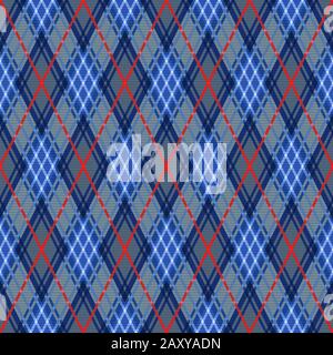 Modello vettoriale dettagliato Rhomb senza cuciture come un plaid tartan in tonalità blu e grigio con linee rosse Illustrazione Vettoriale
