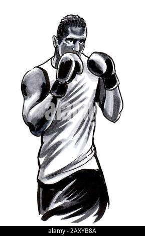 Pugilato Atleta Americano Africano. Illustrazione dell'inchiostro e dell'acquerello Foto Stock
