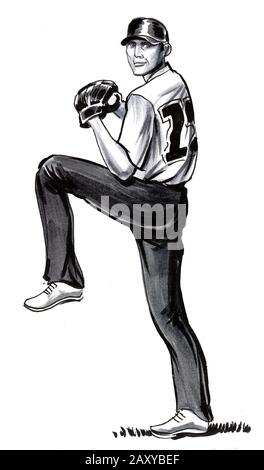 Giocatore di baseball. L'inchiostro bianco e nero disegno Foto Stock