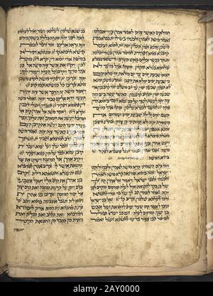 Una pagina di Torah da un antico libro del 12th secolo 'Levitico a Deuteronomio con Targum Onkelos'. Torah con Targum Onkelos, versetto per versetto. Entrambi sono vocalizzati con semplice punteggiatura superlineare (babilonese), ma anche la vocalizzazione Tiberiana è stata aggiunta in parte. Manca la Genesi e l'Esodo, contiene Levitico attraverso il Deuteronomio. Questo è un primo esempio (11th-12th secolo) della Torah con Onkelos secondo la tradizione degli ebrei dello Yemen. Foto Stock