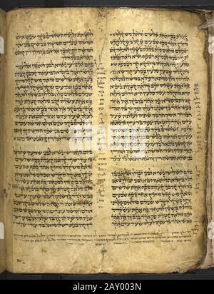 Una pagina di Torah da un antico libro del 12th secolo 'Levitico a Deuteronomio con Targum Onkelos'. Torah con Targum Onkelos, versetto per versetto. Entrambi sono vocalizzati con semplice punteggiatura superlineare (babilonese), ma anche la vocalizzazione Tiberiana è stata aggiunta in parte. Manca la Genesi e l'Esodo, contiene Levitico attraverso il Deuteronomio. Questo è un primo esempio (11th-12th secolo) della Torah con Onkelos secondo la tradizione degli ebrei dello Yemen. Foto Stock