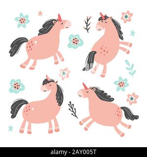 Set Unicorn di semplice stile di cartone animato alla moda con elementi. Unicorno di colore rosa per bambini e tessuti magici, borsa, t-shirt design. Illustrazione del vettore isolato. Illustrazione Vettoriale