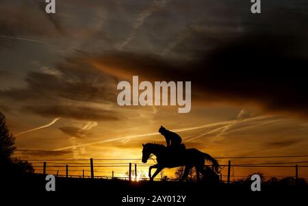 I cavalli di Sam Drinkwater sulle galoppe alle Granary Stables, Upper Strensham. Foto Stock