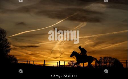 I cavalli di Sam Drinkwater sulle galoppe alle Granary Stables, Upper Strensham. Foto Stock