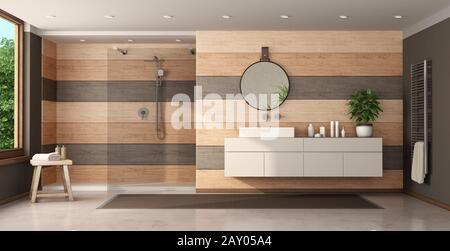 Bagno moderno con pannelli in legno, doccia e lavabo - 3d rendering Foto Stock