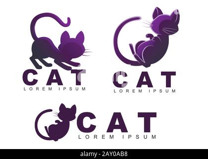 Set di logo Cat silhouette nero con titolo piatto vettoriale illustrazione isolato su sfondo bianco disegno creativo logo per sito web. Illustrazione Vettoriale