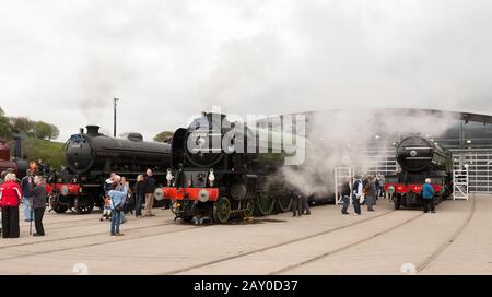 Tre bollini a vapore 62005 Lord Of The Isles, 60163 Tornado, 4771 freccia verde fuori dal museo ferroviario Locomotion a Shildon, Co. Durham, Inghilterra, Regno Unito Foto Stock