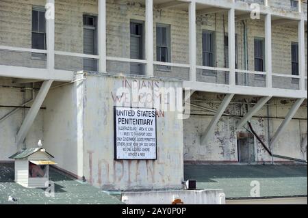 Area di arrivo dell'isola di prigione Alcatraz , San Francisco, Ka Foto Stock