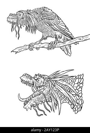 Pagina di colorazione del drago giapponese. Illustrazione del contorno. Foglio da colorare per disegno Dragon. Foto Stock