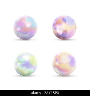 Set di palline di marmo lucido realistiche con isolamento del riflesso dell'arcobaleno su bianco Illustrazione Vettoriale