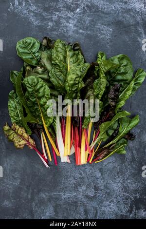 Angolo alto vicino a un mazzo di margarde arcobaleno svizzero appena selezionato su sfondo grigio. Foto Stock