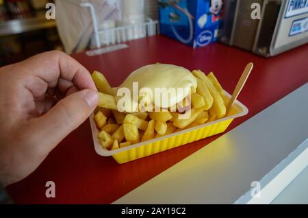 Oosterscheldekering, Paesi Bassi, Agosto 2019. La portata principale in un chiosco di cibo di strada: Patatine fritte. Una porzione è pronta per essere gustata, una mano è t Foto Stock