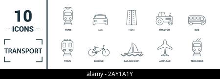Icona del trasporto set. Includere elementi creativi auto, moto, biciclette, troleibus, taxi icone. Può essere utilizzato per la relazione, presentazione, diagramma, web Foto Stock