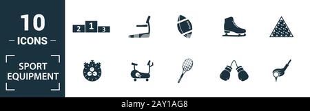 Attrezzature sportive icon set. Includere elementi creativi manubri, calcio, baseball, hockey, cyclette icone. Può essere utilizzato per il report Foto Stock