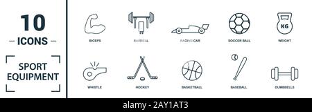 Attrezzature sportive icon set. Includere elementi creativi manubri, calcio, baseball, hockey, cyclette icone. Può essere utilizzato per il report Foto Stock