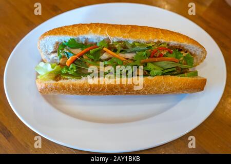 Sandwich vietnamita con carne di pollo e scalogno - Banh Mi Foto Stock