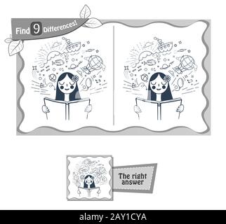 Visual gioco per bambini e adulti. Compito gioco rompicapo esistente al mondo trovare 9 differenze. in bianco e nero illustrazione vettoriale Illustrazione Vettoriale