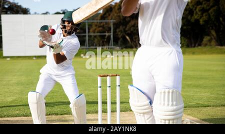 Cricket giocatori di allenamento in campo Foto Stock