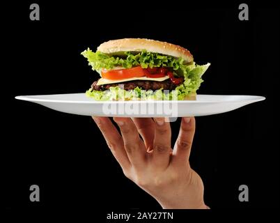 Hamburger in mano sul piatto Foto Stock