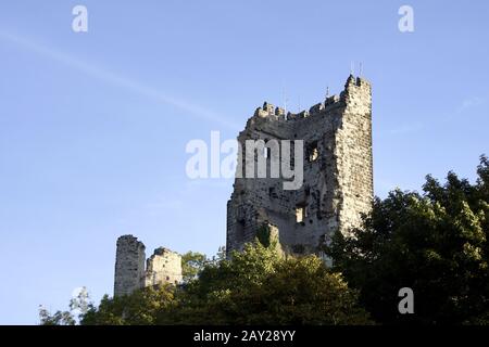 Castello-rovina Drachenfels, Siebengebirge, Koenigswin Foto Stock