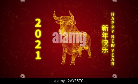 Felice anno nuovo cinese l'anno dell'ologramma Ox in stile cinese dorato font su sfondo rosso e silhouette bue ombra. Celebrazione del nuovo anno lunare 202 Foto Stock