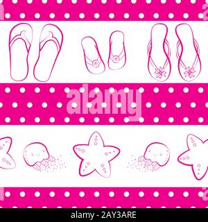 Flip flop sfondo scarpa. Ripetizione vettoriale senza giunture. Stile disegnato a mano con strisce e creature marine. Colori bianco e rosa. Spiaggia tropicale Illustrazione Vettoriale