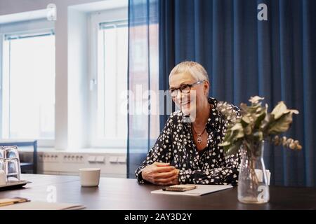 Donna al tavolo delle riunioni Foto Stock