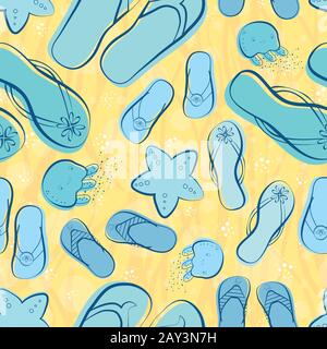 Cute senza cuciture flip flop modello vettoriale scarpa sfondo. Stile del contorno disegnato a mano. Colori blu e giallo. Concetto di vacanza estiva sulla spiaggia Illustrazione Vettoriale
