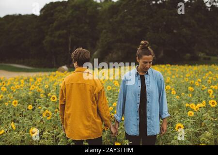 Coppia sul campo di girasole in fiore Foto Stock