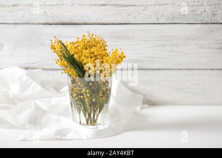 Mimosa in vetro su sfondo bianco di legno, luogo di testo, cartolina, Foto Stock