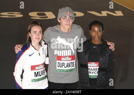 Glasgow, Regno Unito. 14th Feb, 2020. Laura Muir (GBR), Shelly-Ann Fraser-Pryce (JAM) e mondo Duplantis (SWE) hanno partecipato oggi a una fotocellula pre-evento. Shelly-Ann Fraser-Pryce – JAM (60m) • campione del mondo dieci volte, più recentemente vincitore di oro 100m e 4x100m a Doha • doppio campione olimpico su 100m (2008 e 2012) • Fraser-Pryce torna a Glasgow dopo aver partecipato sei anni fa ai Giochi del Commonwealth 2014, Vincitore dell'oro 4x100m per la Giamaica Laura Muir – GBR (1000m – tentativo WR) • cinque volte campione europeo e due volte medaglia al mondo indoor • Muir ha terminato 5th lo scorso anno Foto Stock