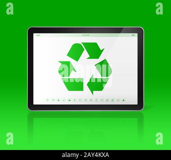 Digital tablet PC con un simbolo di riciclaggio sullo schermo. concetto ecologico Foto Stock
