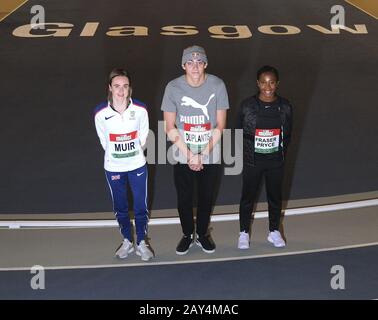 Glasgow, Regno Unito. 14th Feb, 2020. Laura Muir (GBR), Shelly-Ann Fraser-Pryce (JAM) e mondo Duplantis (SWE) hanno partecipato oggi a una fotocellula pre-evento. Shelly-Ann Fraser-Pryce – JAM (60m) • campione del mondo dieci volte, più recentemente vincitore di oro 100m e 4x100m a Doha • doppio campione olimpico su 100m (2008 e 2012) • Fraser-Pryce torna a Glasgow dopo aver partecipato sei anni fa ai Giochi del Commonwealth 2014, Vincitore dell'oro 4x100m per la Giamaica Laura Muir – GBR (1000m – tentativo WR) • cinque volte campione europeo e due volte medaglia al mondo indoor • Muir ha terminato 5th lo scorso anno Foto Stock