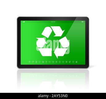 Digital tablet PC con un simbolo di riciclaggio sullo schermo. la conservazione ambientale concetto Foto Stock